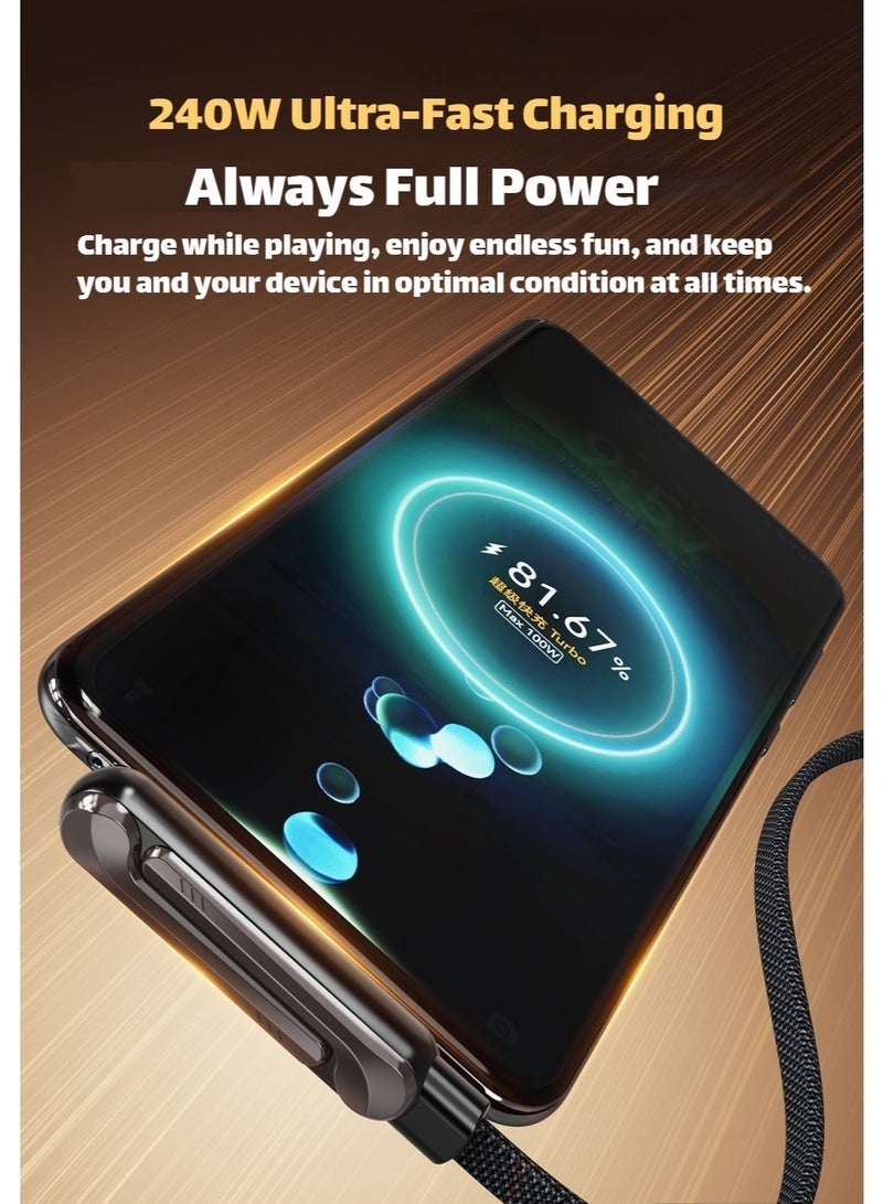 BASEMO 240W super-fast charging cable with built-in phone stand, compatible with iPhones, Android phones, tablets and laptops with USB-C interface, supports PD 20W to 70W fast charging, and is compatible with devices from mainstream brands such as Apple, Samsung, Huawei and Honor. Type-C to Type-C 1.5m black. - Image 4